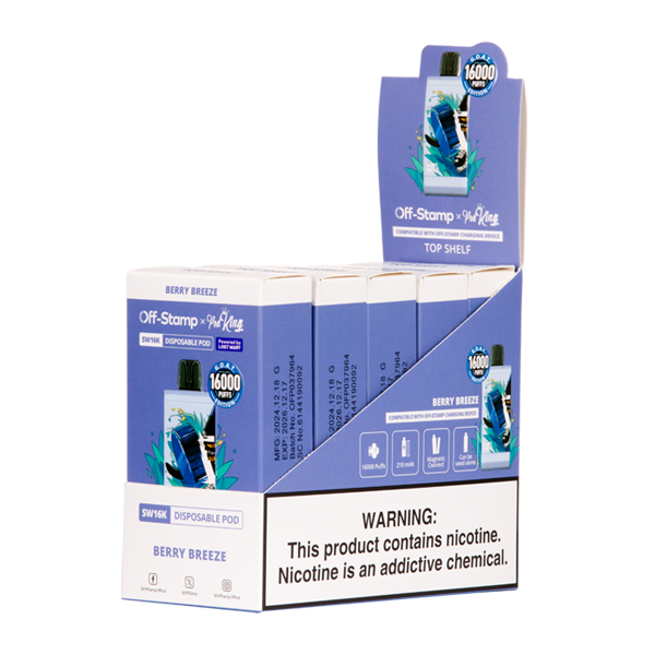 5 Pack of Berry Breeze Off Stamp X PodKing SW16000 Disposable for Wholesale