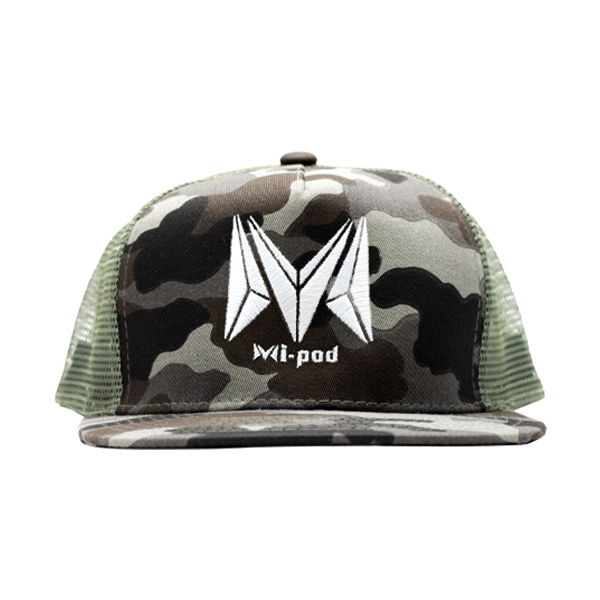 The green camoflauge Mipod trucker hat, made with an adjustable strap in the rear