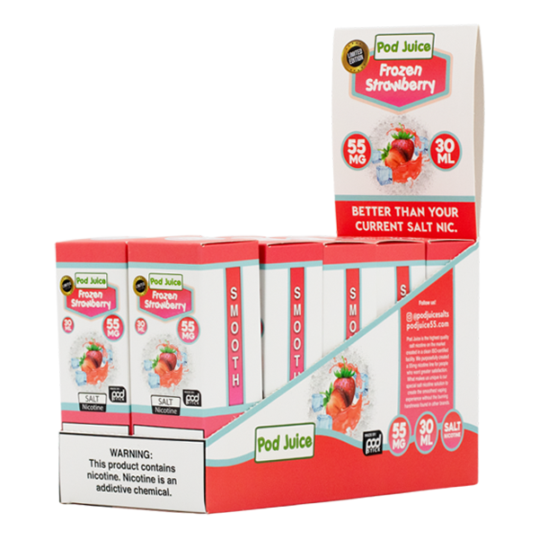 Available in packs of 10, the sweetened Frozen Strawberry flavor e-liquid from Pod Juice