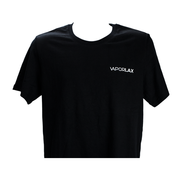 A black cotton t-shirt, screen-printed with the VaporLax logo