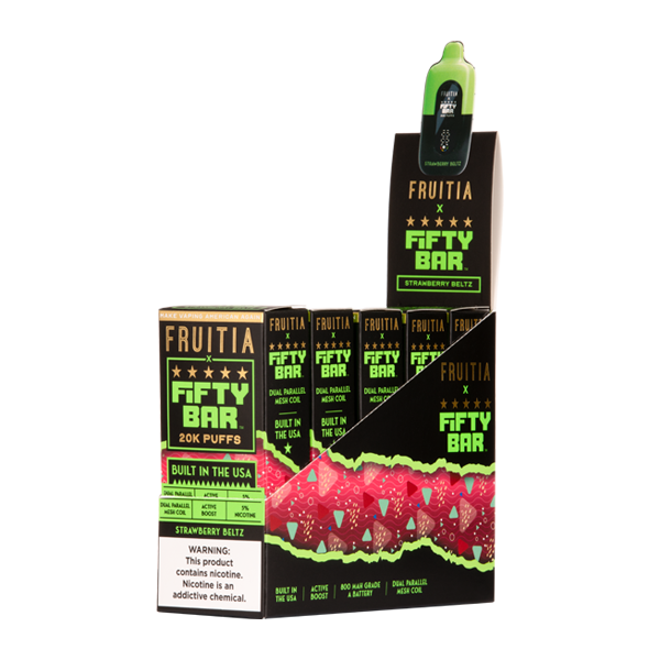 5 Pack of Strawberry Beltz FRUITIA X Fifty Bar 20K for Wholesale