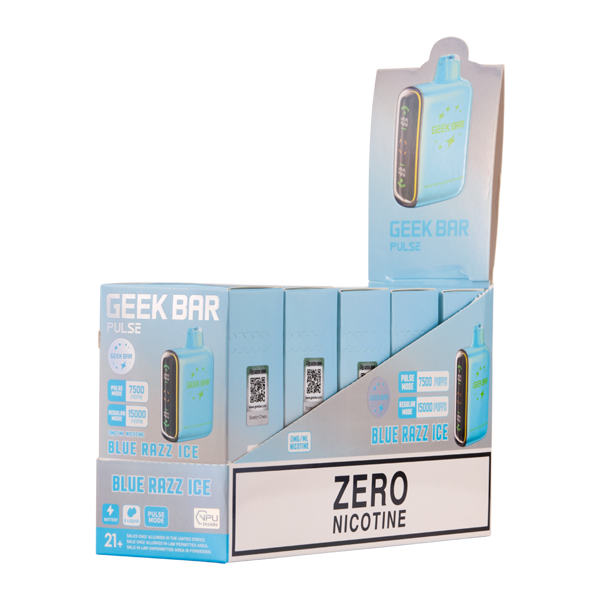 5 Pack of Blue Razz Ice Geek Bar Pulse ZERO Nicotine for Wholesale