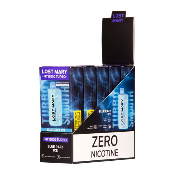 5 Pack of Blue Razz Ice LOST MARY MT15000 TURBO ZERO Nicotine