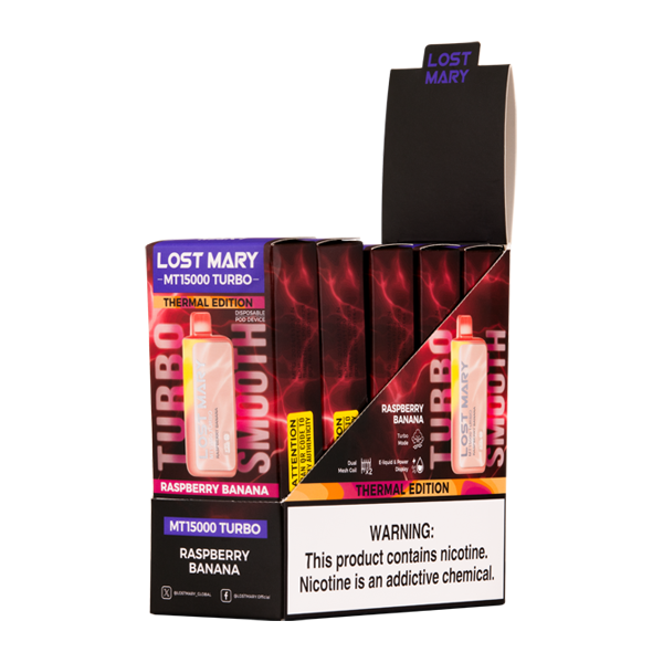 5 Pack of Raspberry Banana Lost Mary MT15000 Turbo Vapes