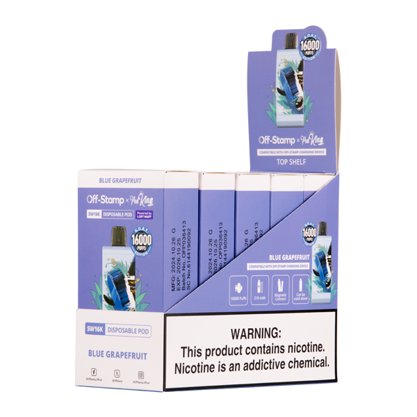 Blue Grapefruit Off Stamp X Pod King SW16000 Disposable Vape Pod 5 Pack for Wholesale