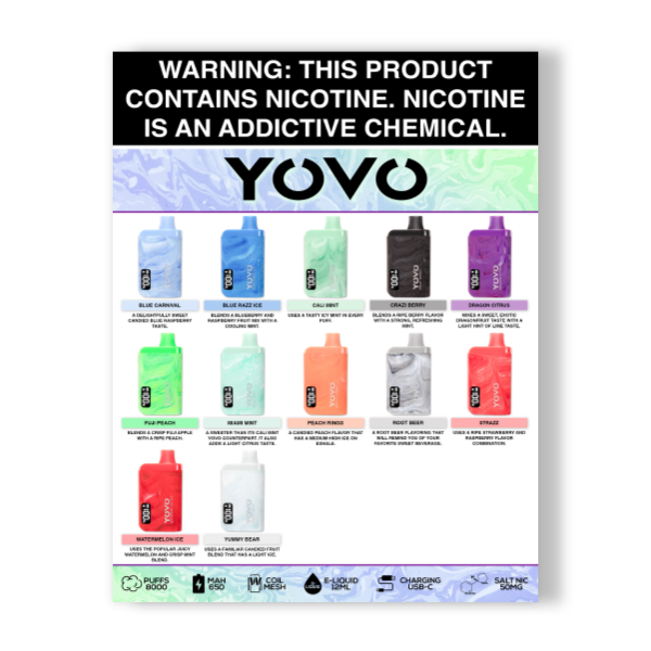 YOVO Bar Laminated Flavor Menu for Stores