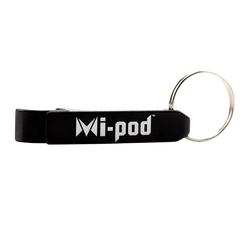 A black bottle opener made of aluminum, branded with the Mipod logo
