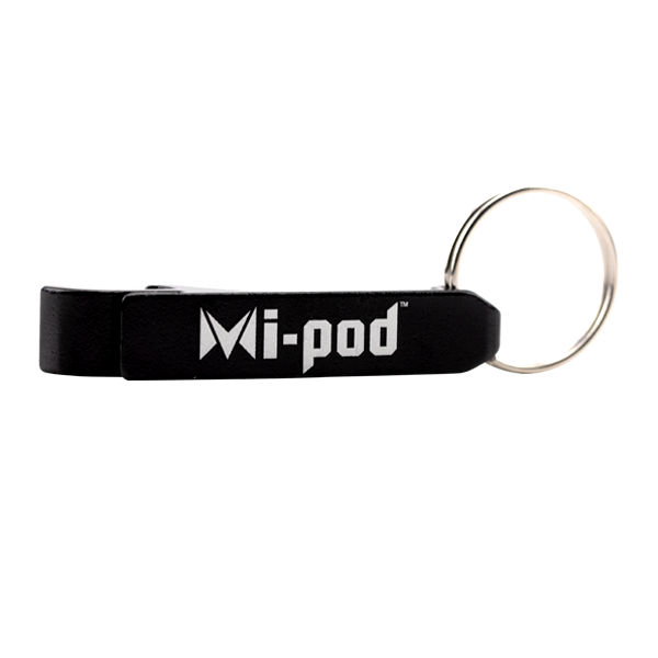 A black bottle opener made of aluminum, branded with the Mipod logo