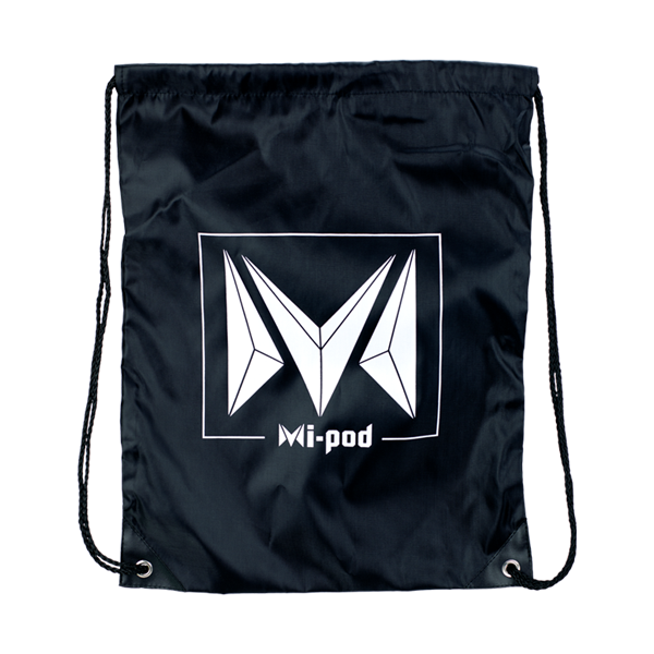 A black nylon drawstring bag featuring a Mi-pod logo