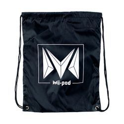 A black nylon drawstring bag featuring a Mi-pod logo