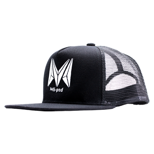 A black snapback trucker style hat, embroidered with the Mi-Pod Logo