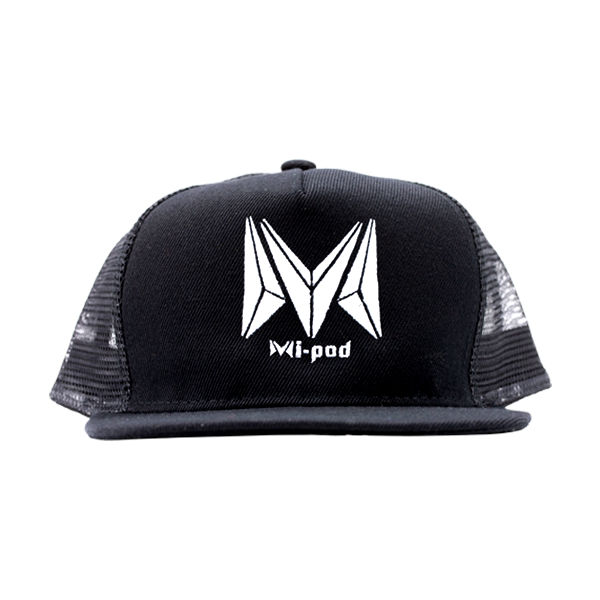 The black Mipod trucker hat, made with an adjustable strap in the rear