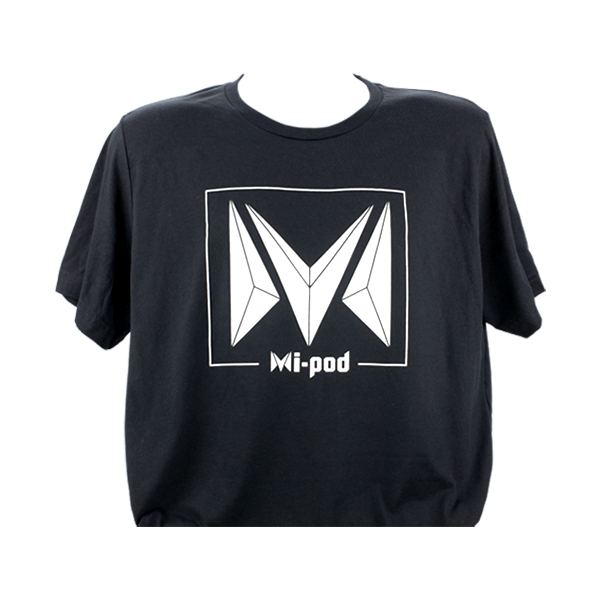 A black Mi-Pod T-shirt, made with 100% cotton and an Mipod logo