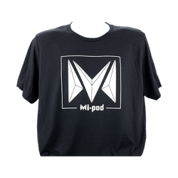 A black Mi-Pod T-shirt, made with 100% cotton and an Mipod logo