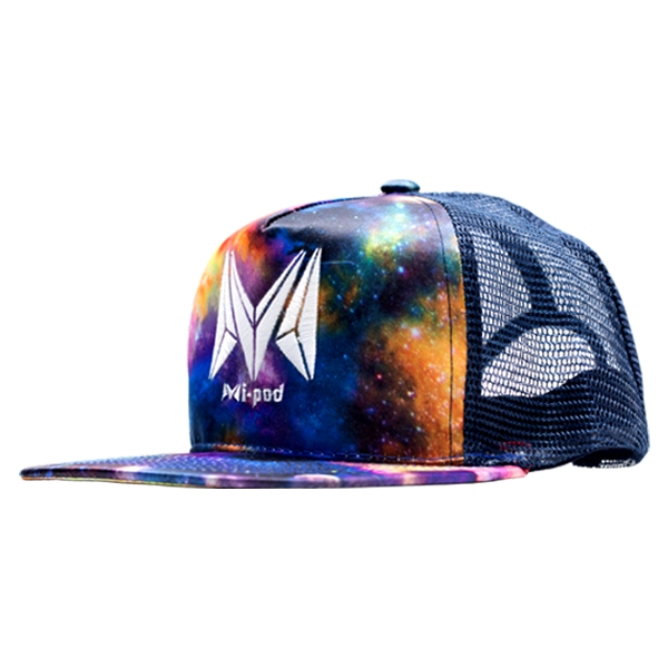 A blue galaxy snapback trucker style hat, embroidered with the Mi-Pod Logo
