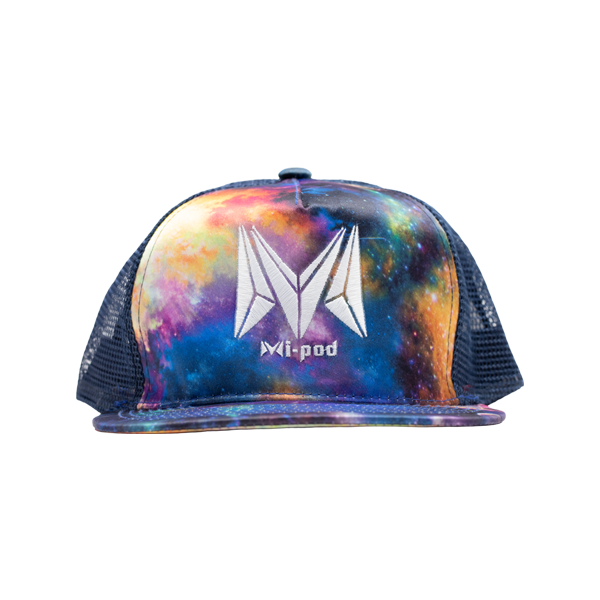The blue galaxy Mipod trucker hat, made with an adjustable strap in the rear