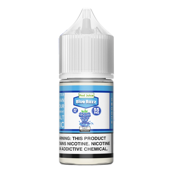The Blue Raspberry flavored vape juice from Pod Juice, available for vape shops in packs of 6