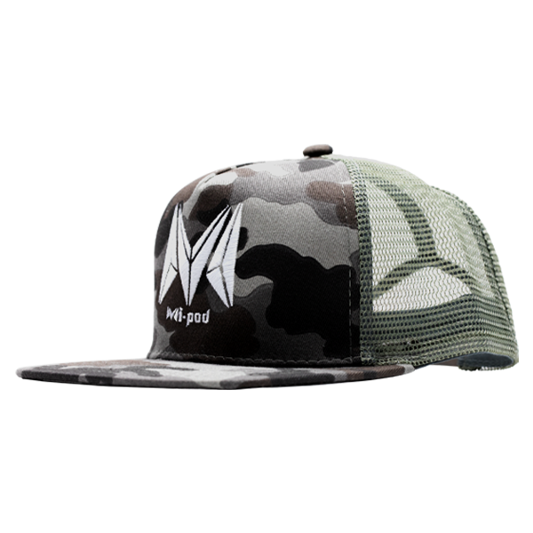 A green camo snapback trucker style hat, embroidered with the Mi-Pod Logo