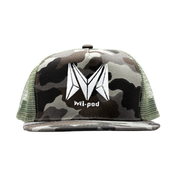 The green camoflauge Mipod trucker hat, made with an adjustable strap in the rear