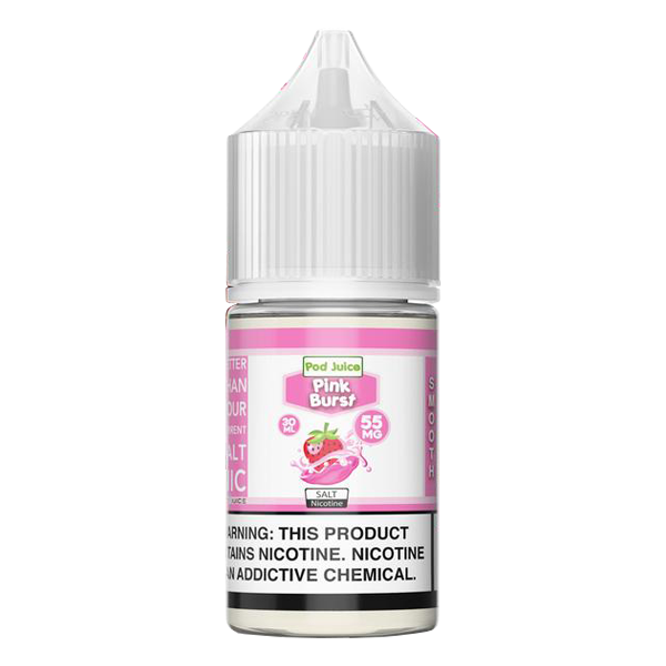 The Pink Burst flavored vape juice from Pod Juice, available for vape shops in packs of 6