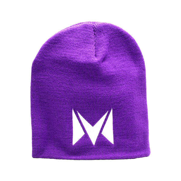 Fitted beanies embroidered with the Mi-Pod logo, available in purple