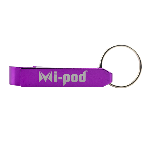 A purple bottle opener made of aluminum, branded with the Mipod logo