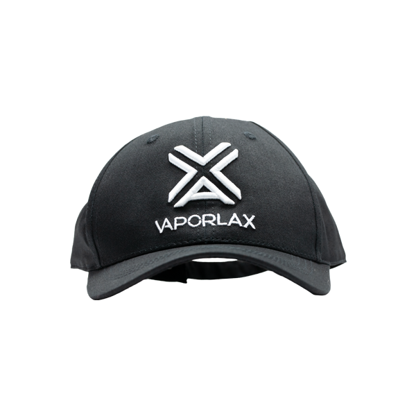 An adjustable black hat from VaporLax, embroidered with their Logo