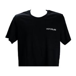 A black cotton t-shirt, screen-printed with the VaporLax logo