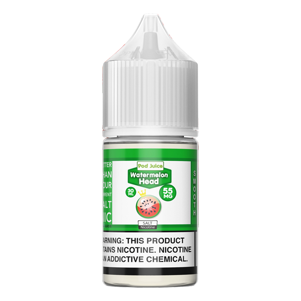 The Watermelon Head flavored vape juice from Pod Juice, available for vape shops in packs of 6