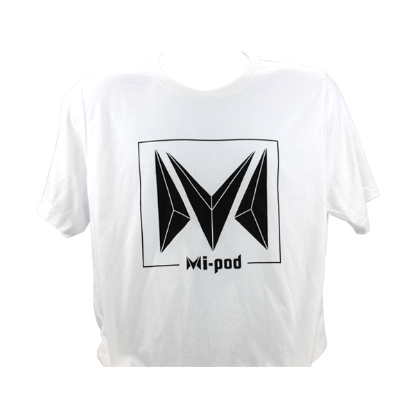 A white Mi-Pod T-shirt, made with 100% cotton and an Mipod logo