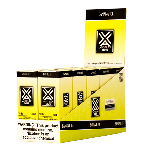 Shop bulk Banana Ice flavored vape juice from VaporLax, available in 25mg & 50mg