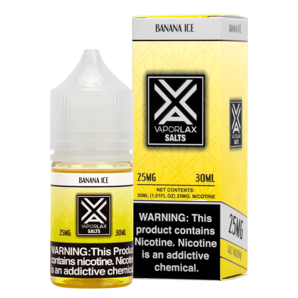 Browse wholesale Banana Ice flavored vape juice in 25mg & 50mg, made by VaporLax