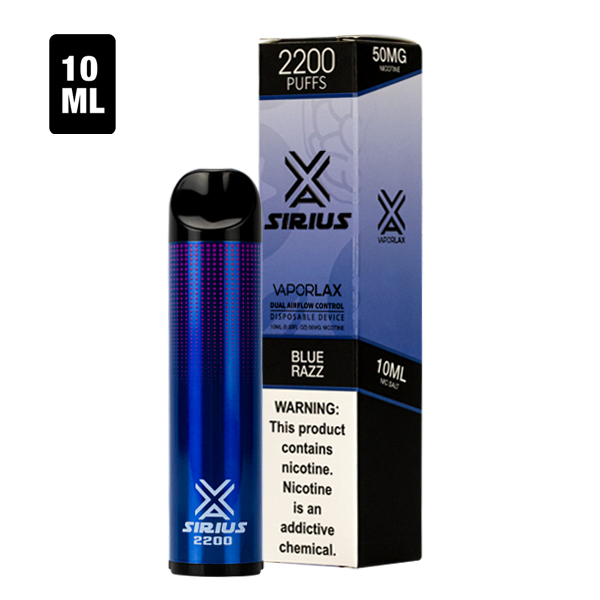 Order bulk disposable vape pens with Sirius Disposables, available now with 2200 puffs of blue raspberry flavor